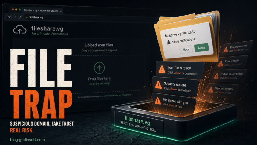 A fake file-sharing page turns into a Fileshare.vg browser notification trap.