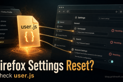 Firefox user.js file forcing browser homepage, search, and proxy settings to reset.