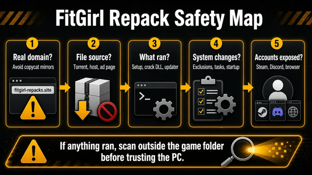 FitGirl Repack safety map with domain, file source, system-change, and account-exposure checks.
