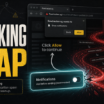 A Flowtracker.vg browser notification trap shown with a redirect trail and blocked notification switch.