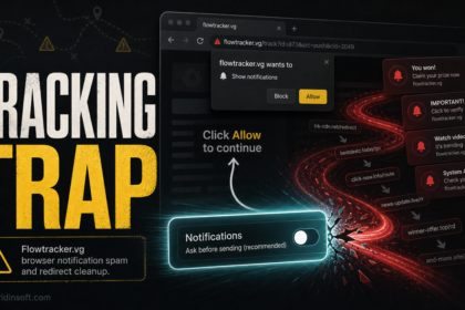 A Flowtracker.vg browser notification trap shown with a redirect trail and blocked notification switch.