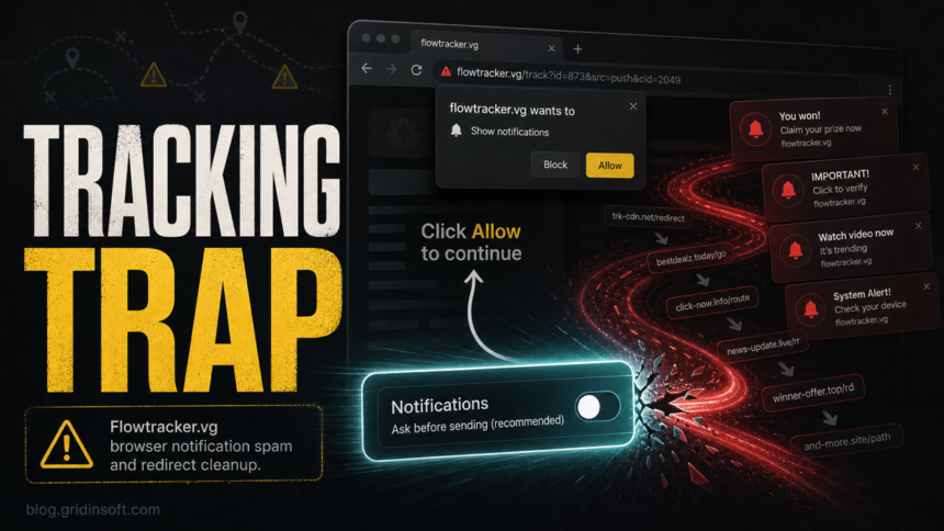 A Flowtracker.vg browser notification trap shown with a redirect trail and blocked notification switch.