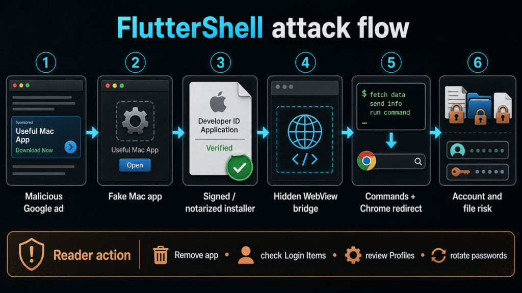 FlutterShell attack flow from malicious ad to fake Mac app, hidden WebView bridge, Chrome redirect, and account risk.