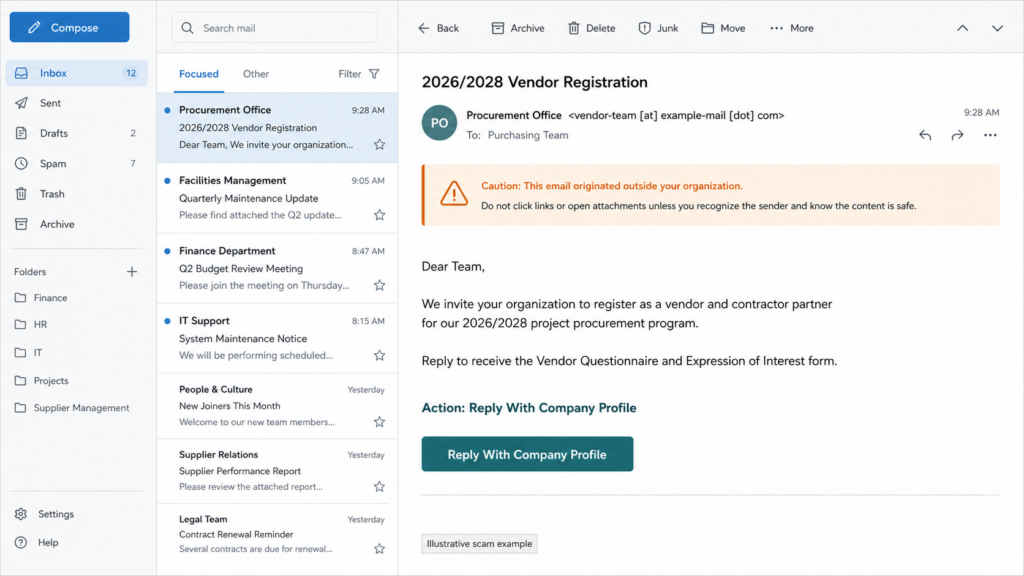 Flydubai Vendor Email Scam 2 Fake 2026/2028 vendor registration email asking for a company profile.