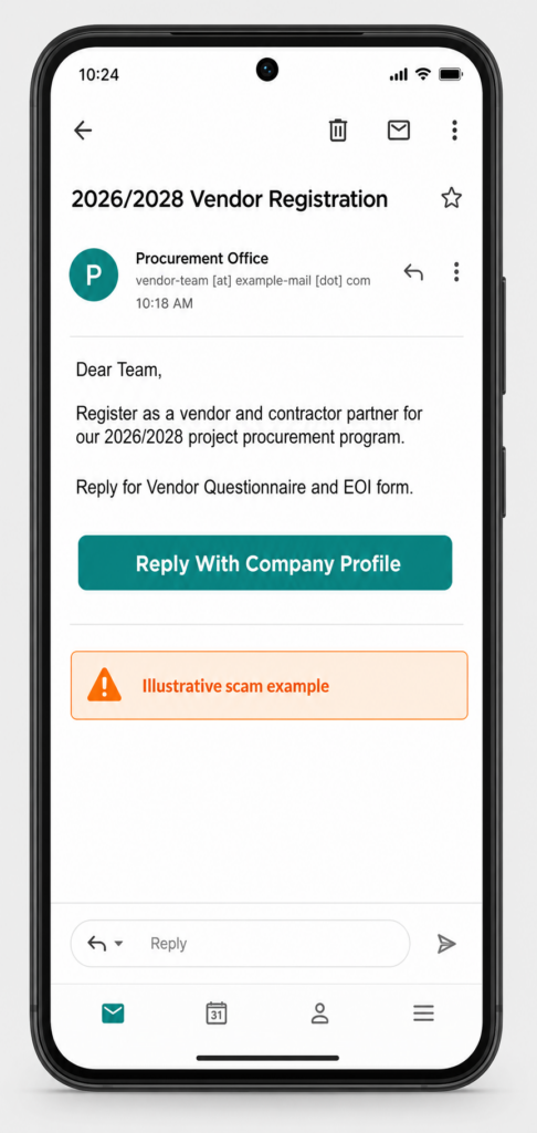 Flydubai Vendor Email Scam 3 Mobile view of a fake vendor registration email requesting a company profile.