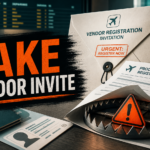 Fake vendor registration invitation with business documents near a warning trap.