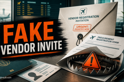 Fake vendor registration invitation with business documents near a warning trap.