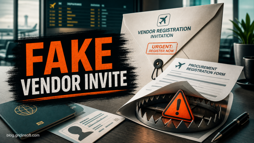 Flydubai Vendor Email Scam 1 Fake vendor registration invitation with business documents near a warning trap.