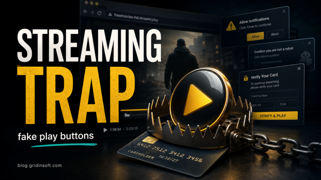 Fake movie streaming play button caught in a card-verification trap with pop-up prompts.