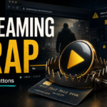 Fake movie streaming play button caught in a card-verification trap with pop-up prompts.