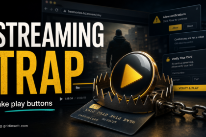 Fake movie streaming play button caught in a card-verification trap with pop-up prompts.