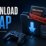 GameDrive.org cracked game download risk poster with a blocked setup file.