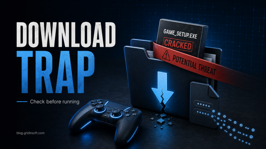 GameDrive.org cracked game download risk poster with a blocked setup file.