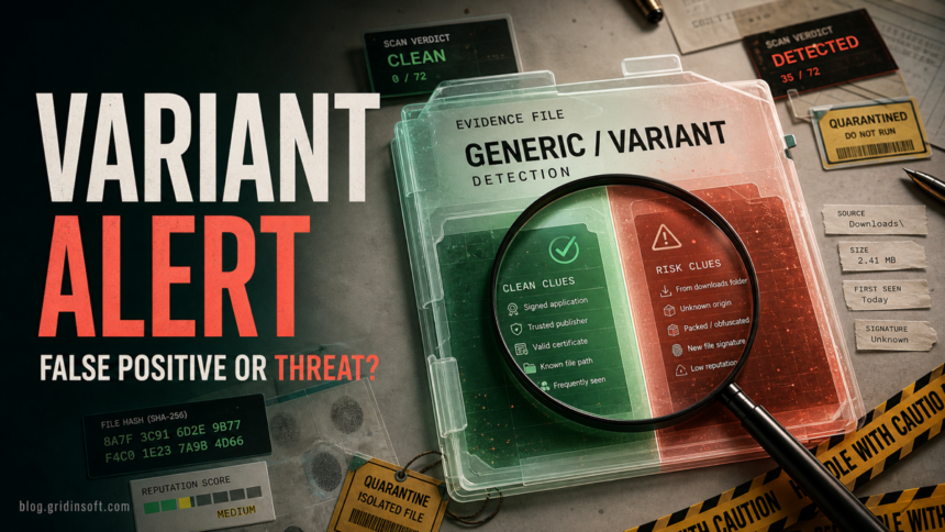 A Gen:Variant alert being checked by file source, path, signature, and scanner context.
