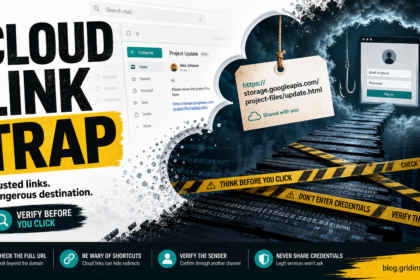 Cloud link trap poster showing a storage.googleapis.com link leading to a fake login page.