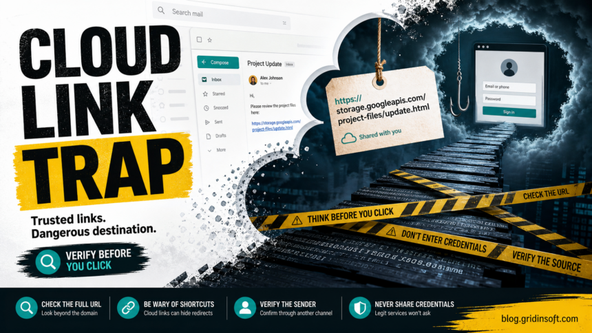 Cloud link trap poster showing a storage.googleapis.com link leading to a fake login page.