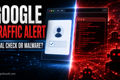 Poster for Google unusual traffic warning showing a real verification check split from a malware lure.