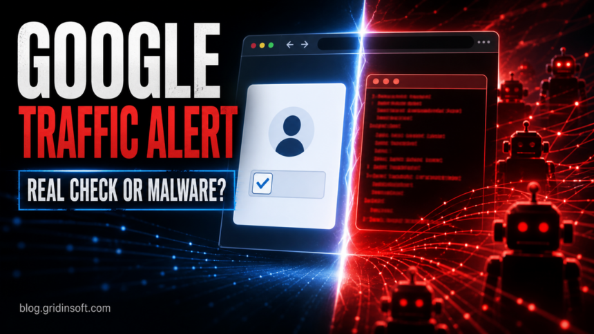 Poster for Google unusual traffic warning showing a real verification check split from a malware lure.
