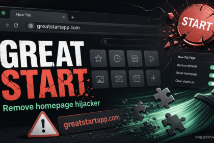 Greatstartapp.com browser homepage redirect cleanup illustration.