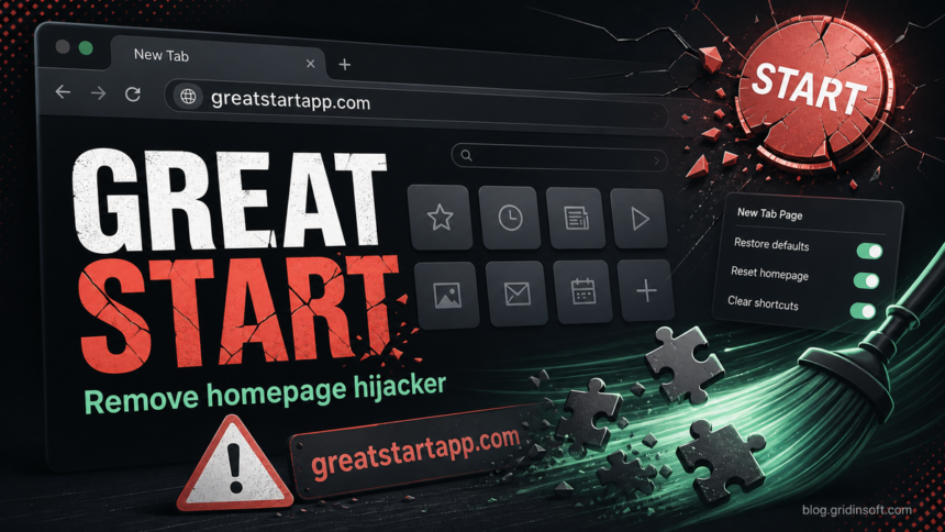 Greatstartapp.com browser homepage redirect cleanup illustration.