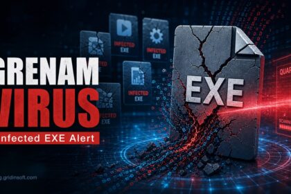 Grenam Virus cover showing infected EXE files and a quarantine scan.