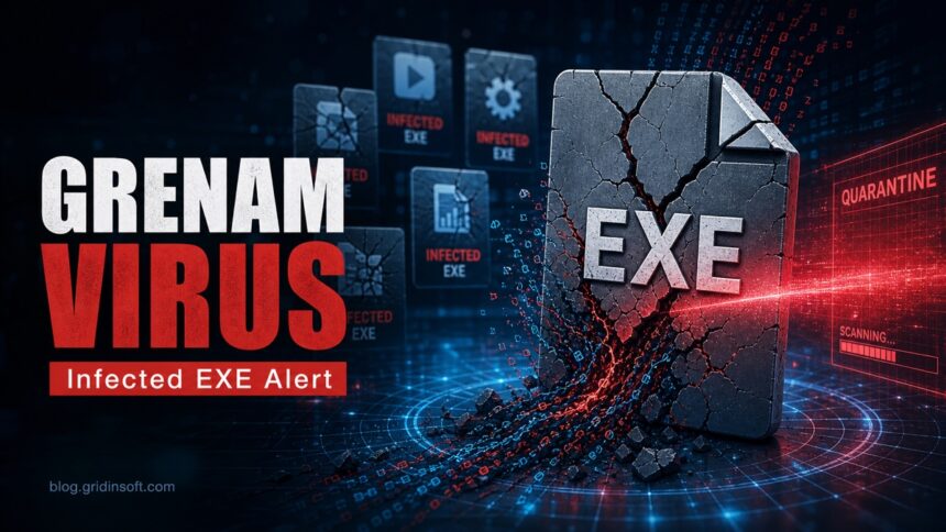 Grenam Virus cover showing infected EXE files and a quarantine scan.