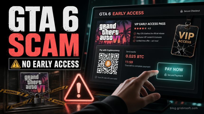 Fake GTA 6 early access checkout asking for cryptocurrency payment.