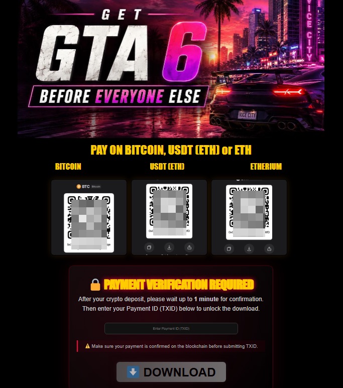 Fake GTA VI payment screen asking for Bitcoin, USDT, Ethereum and a transaction ID.