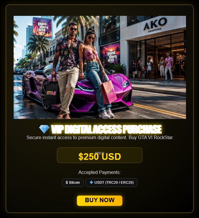 Fake GTA VI VIP digital access purchase page asking for 250 dollars in cryptocurrency.