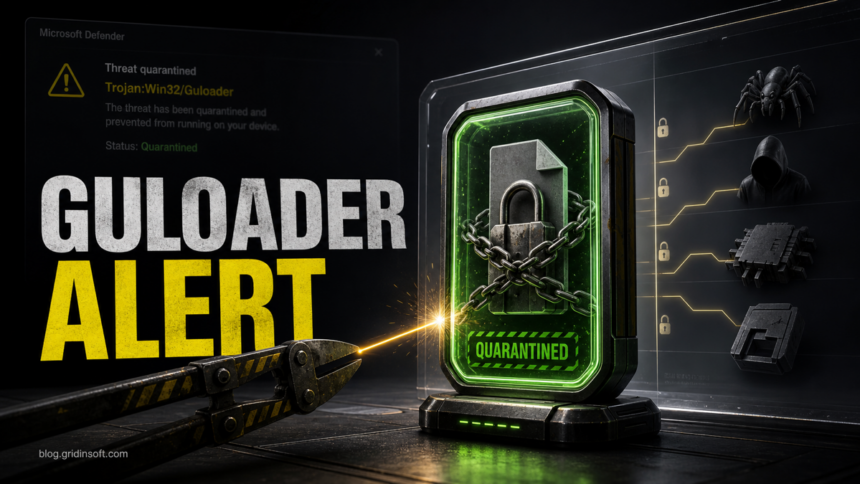 Trojan:Win32/Guloader: Defender Alert and Removal Guide 1 GuLoader alert poster showing a quarantined loader cut off from payload paths.