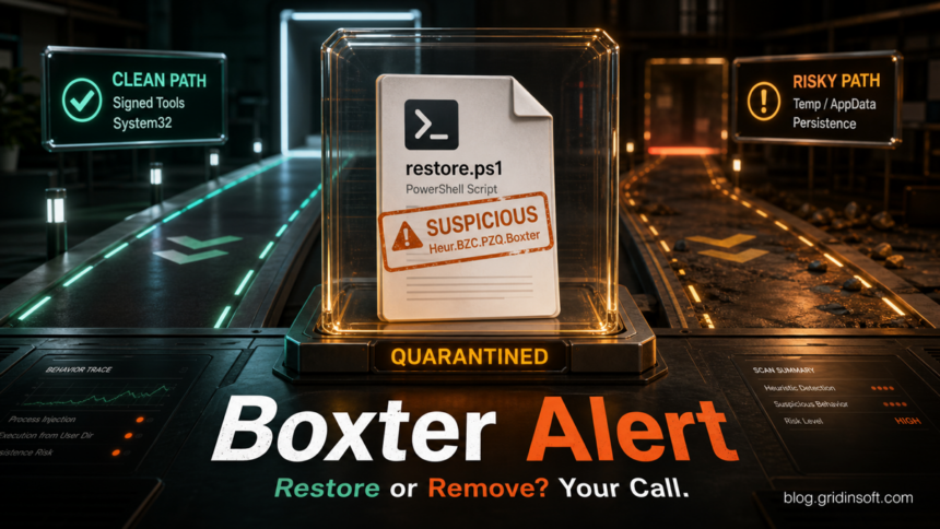 Heur.BZC.PZQ.Boxter Bitdefender alert restore or remove decision.
