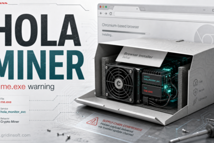 Editorial image showing a Hola Browser miner warning with me.exe and hola_monitor_svc indicators.