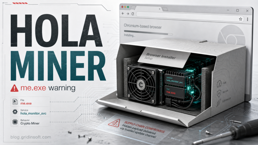 Editorial image showing a Hola Browser miner warning with me.exe and hola_monitor_svc indicators.