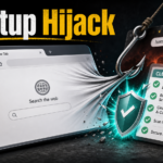 A browser startup tab is pulled toward Homesearchtab.com while a cleanup checklist stops the hijack.