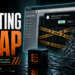 Hosting-explorer.cc notification trap shown as fake browser pop-up cards around a server panel.