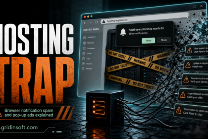 Hosting-explorer.cc notification trap shown as fake browser pop-up cards around a server panel.