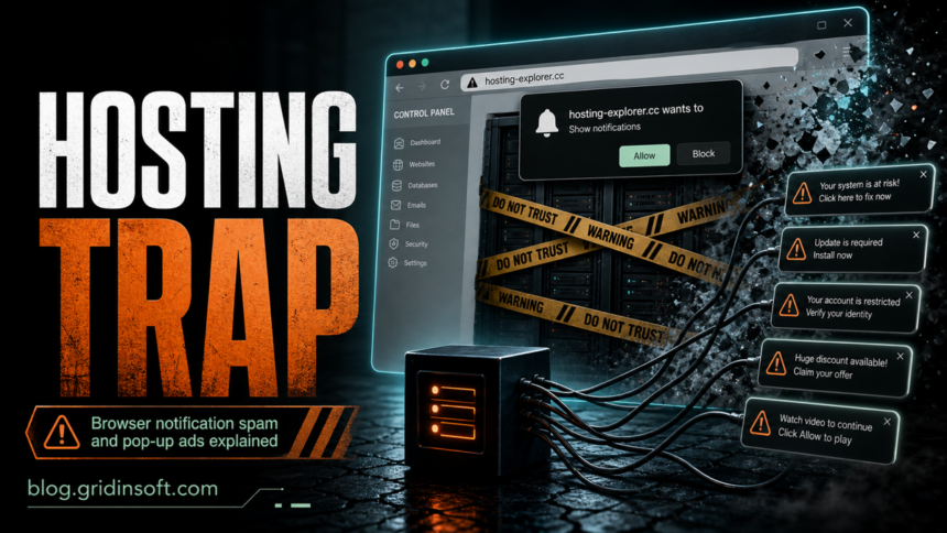 Hosting-explorer.cc notification trap shown as fake browser pop-up cards around a server panel.