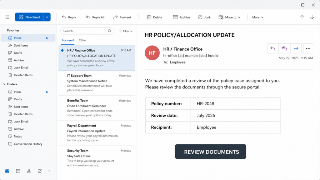 Fake HR Policy Allocation Update email with a Review Documents button
