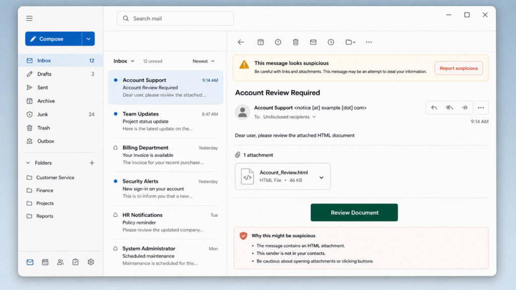 Generic email client showing a suspicious Account_Review.html attachment and Review Document button.
