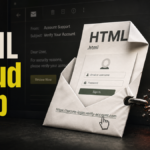 HTML/Fraud Trojan trap poster showing a fraudulent HTML attachment and fake login page.