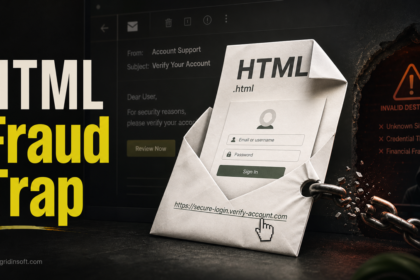 HTML/Fraud Trojan trap poster showing a fraudulent HTML attachment and fake login page.