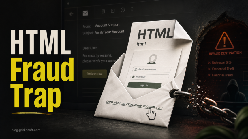 HTML/Fraud Trojan trap poster showing a fraudulent HTML attachment and fake login page.