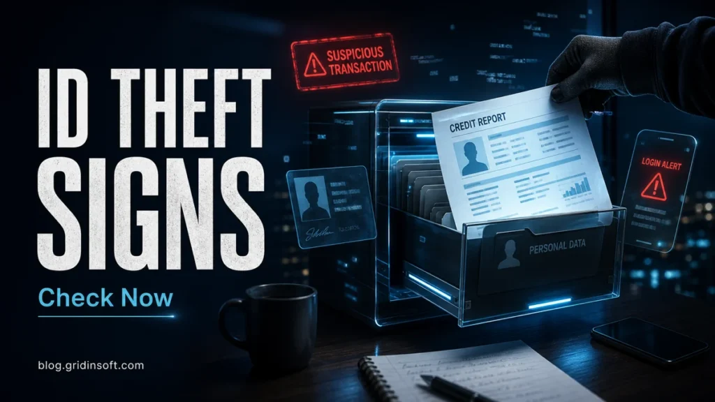 Identity theft warning signs illustrated with a stolen credit report, login alert, and suspicious transaction