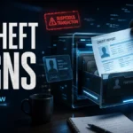 Identity theft warning signs illustrated with a stolen credit report, login alert, and suspicious transaction