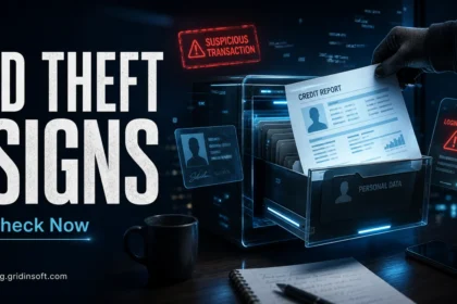Identity theft warning signs illustrated with a stolen credit report, login alert, and suspicious transaction