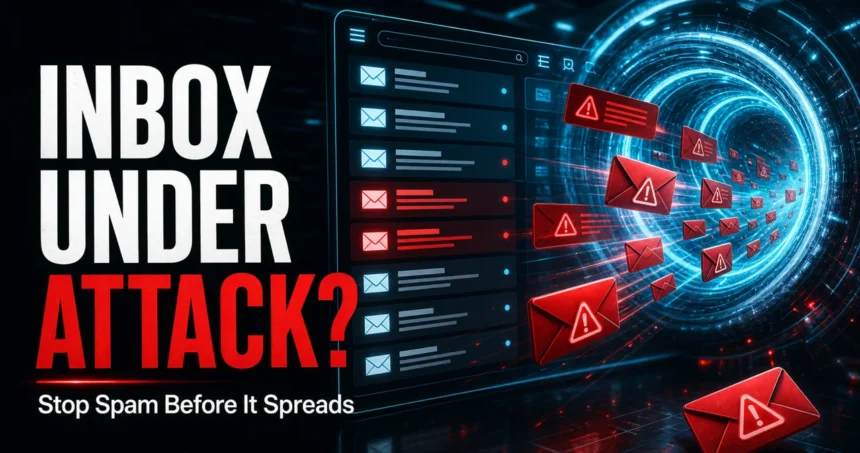 Spam emails being pulled from an inbox into a quarantine vortex