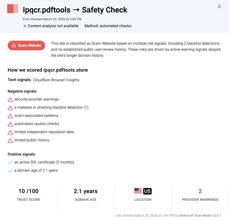 Gridinsoft Website Reputation Checker report card for ipqcr.pdftools.store showing a scam website verdict and 10/100 trust score.