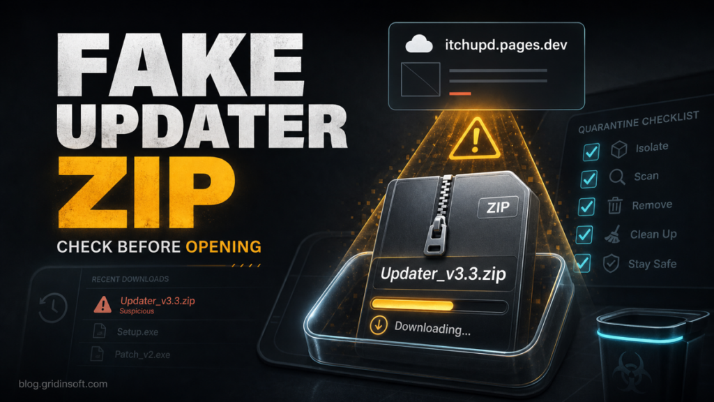 Suspicious Updater_v3.3.zip download from itchupd.pages.dev shown as a fake updater ZIP warning