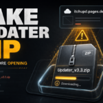 Suspicious Updater_v3.3.zip download from itchupd.pages.dev shown as a fake updater ZIP warning