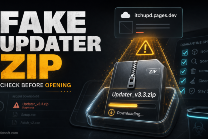 Suspicious Updater_v3.3.zip download from itchupd.pages.dev shown as a fake updater ZIP warning